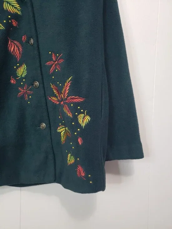 Bob Mackie Wearable Art  Women L Jacket Green Fleece Fall Leaf Embroidery Button - Picture 3 of 5